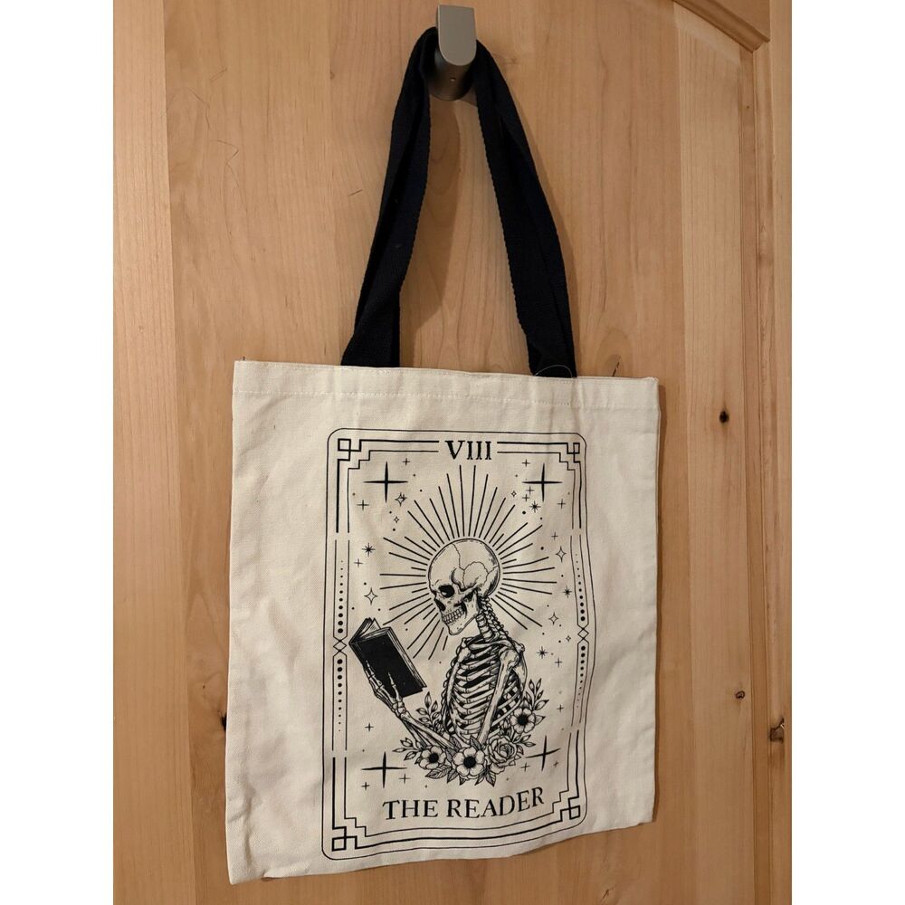The Reader Skeleton Tarot Card Cotton Canvas Tote Bag NWT
